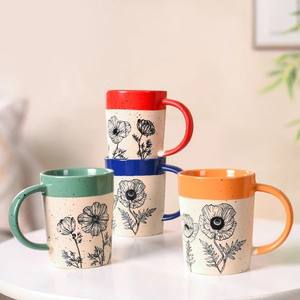 Ensemble de tasses à café en céramique florale artisanales, en grès moucheté unique avec des rebords colorés, pour la décoration de cuisine et les cadeaux - Product Image 5