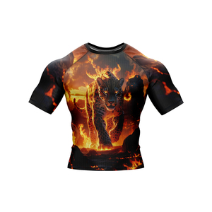 <b>Men's</b> Short Sleeve Rash Guard Fire Leopard Print Quick Dry Polyester <b>Compression</b> <b>Shirt</b> - Product Image 2