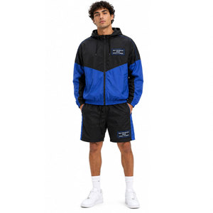 <b>Men's</b> Hooded Track <b>Jacket</b> And Shorts Set Black Blue Color Blocking Casual Sporty Style Quick Dry Polyester Spring Wear - Product Image 3