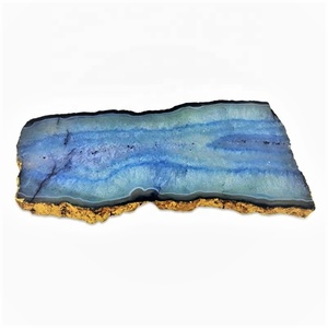 Plateau en pierre d'agate bleue avec bordure plaquée or, fait main, Feng Shui, cadeau d'affaires, plateau de service - Product Image 1