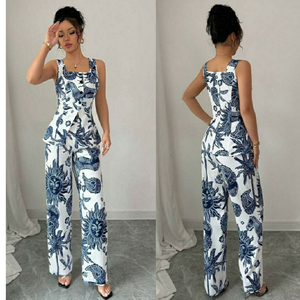 Womens Blue & White Printed Peplum Top with Wide Leg Pants Co ord <b>Set</b> - Product Image 5