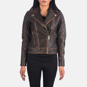 Women Real Leather Jacket Brown Vintage <b>Distressed</b> Moto Asymmetric Zip Slim Fit Coat <b>Top</b> Selling Retro Western Lady Biker Coat - Product Image 1