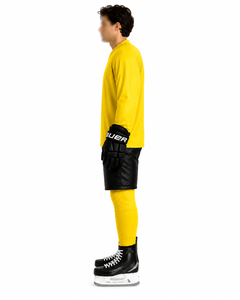 เสื้อฮอกกี้น้ำแข็งแขนยาวสีเหลืองสำหรับผู้ชาย พร้อมถุงมือสีดำและรองเท้าสเก็ต คอกลม ผลิตจากโพลีเอสเตอร์ซับเหงื่อ เหมาะสำหรับฤดูหนาว - Product Image 2