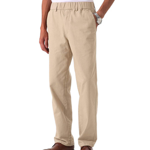 Pantalon décontracté kaki pour homme, taille élastique, coupe droite, en toile de coton, devant plat avec poches, style été, poids moyen 2027 - Product Image 5
