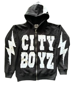 Sweat-shirt à capuche zippé en polaire noir pour homme City Boyz, design avec lettres appliquées, style streetwear, coupe ample - Product Image 1