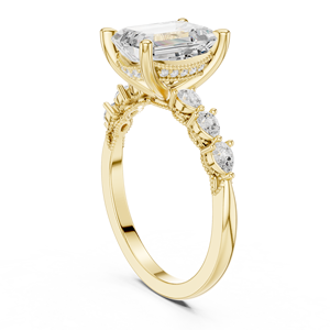Yellow Gold Emerald Cut Lab Grown <b>Diamond</b> Engagement <b>Ring</b> Marquise Baguette Side Stone Wedding <b>Ring</b> - Product Image 2