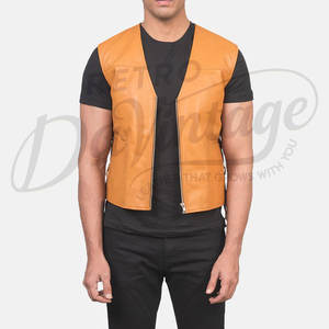 Chaleco de Cuero Genuino Amarillo Mostaza Personalizado para Hombre, Corte Ajustado, Cuello en V, Cierre de Cremallera, Sin Mangas, Estilo Motero - Product Image 6