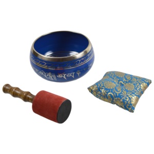 Bol chantant tibétain décoratif en laiton peint à la main bleu ciel profond avec marteau pour méditation, décor multicolore - Product Image 2