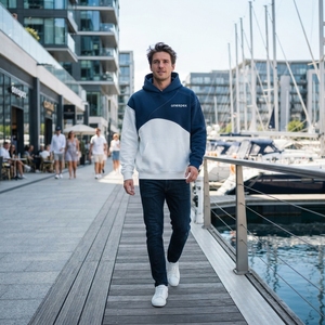 <b>Mens</b> <b>Navy</b> Blue White Diagonal Color Block Hoodie <b>Fleece</b> Sweatshirt Custom Logo Streetwear Pullover Casual Winter Hooded Top - Product Image 6