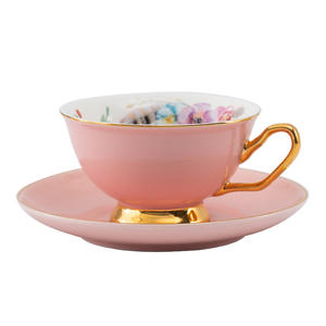 Wholesale Classic Color Glazed Ceramic Coffee Cup <b>and</b> <b>Saucer</b> set featuring Gold rim <b>and</b> handle - Product Image 3