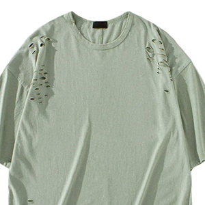 T-shirt à manches courtes pour homme, couleur unie, coupe ample, avec détails déchirés, col rond, style streetwear, jersey en coton - Product Image 3