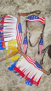 USA themed Patriotic printed Leather Horse Tack Set Crystal Conchos Headstall Breast Plate Genuine Leather Lightweight Tack - Product Image 2