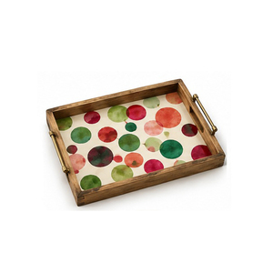 <b>Wooden</b> Serving <b>Tray</b> With Abstract Polka Dot Pattern Painted Finish Handle Residential Use - Product Image 2