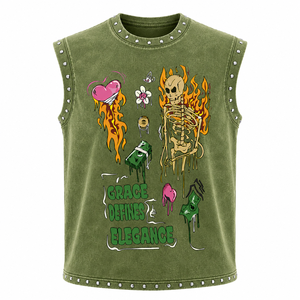 Camiseta sin mangas retro casual para hombre con cuello redondo, chaleco de algodón de alto gramaje, camisetas gráficas personalizadas con pedrería - Product Image 2