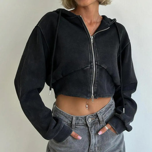 Paneles personalizados lavado ácido slim fit nueva moda cremallera corta cuello alto sudaderas con capucha de las mujeres - Product Image 3