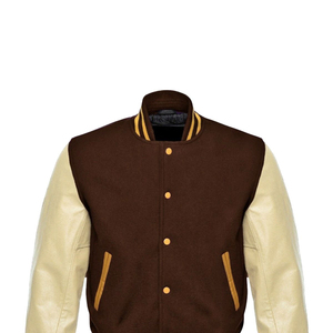 <b>Men's</b> Brown Woolen Varsity <b>Jacket</b> with for <b>Leather</b> Sleeves Stand Collar Button Closure Breathable Formal Winter Wear - Product Image 4
