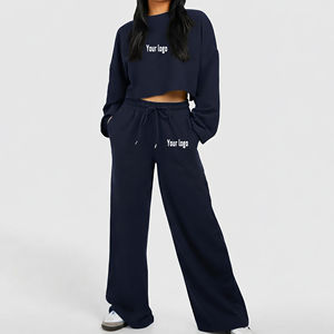 OEM/ODM Vêtements décontractés pour femmes de haute qualité, ensemble 2 pièces, haut en dentelle brodée unie, sweat-shirt coupe classique, pantalon de jogging coupe classique - Product Image 4