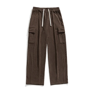 Men's Brown Corduroy Cargo Pants <b>Elastic</b> Waist Wide Leg Multiple Pockets Casual Autumn Style - Product Image 4