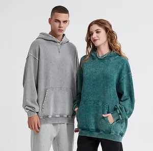 Sweat-shirt à capuche unisexe 100 % coton délavé à l'acide, effet vieilli, épais, uni, vierge, coupe oversize, modèle pull-over – Meilleures ventes - Product Image 1
