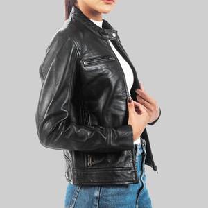 Theresa Womens Black Genuine Leather Breathable Cafe Racer <b>Jacket</b> with Stand-Up Collar - Leather <b>Jacket</b> Black - Product Image 4