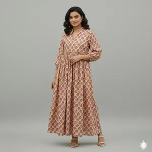 Robe midi en coton à imprimé floral pour femmes, avec manches bouffantes, coupe ample, col en V, robe d'été décontractée avec poches - Product Image 4
