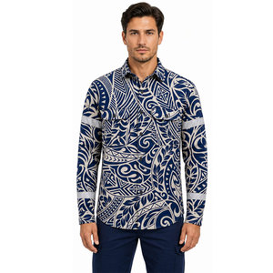 เสื้อเชิ้ตทำงานแขนยาวลายชนเผ่าสีน้ำเงินขาวสำหรับผู้ชาย ผ้าฝ้ายระบายอากาศ พิมพ์ลายดิจิทัล แฟชั่นยูนิฟอร์ม - Product Image 4
