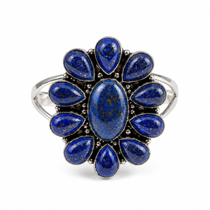 Bracelet manchette floral en argent oxydé et pierre de lapis-lazuli bleue naturelle |   Bijoux bohèmes faits à la main - Product Image 1