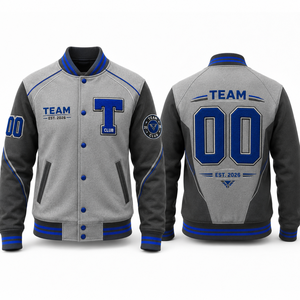 Chaqueta Varsity Unisex del Club Deportivo, Gris Azul, con Letra T Bordada en la Parte Delantera, Estilo Preppy, Ropa de Invierno, Forro Polar - Product Image 1
