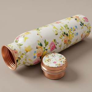 Bouteille d'eau en cuivre avec motif floral oriental, portable, pour les voyages, avec couvercle, impression feuille d'argent, bouteille d'eau en cuivre - Product Image 6