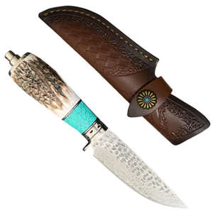 Couteau de camping à lame fixe droite en acier Damas haute dureté avec manche en plastique, couteau à viande OEM en stock avec étui en cuir - Product Image 1