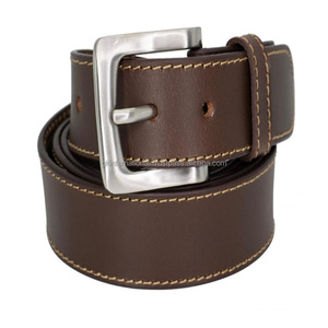 Cinturón informal de cuero marrón cosido único de grano completo para hombres con cinturón informal de negocios con hebilla de plata sólida - Product Image 2