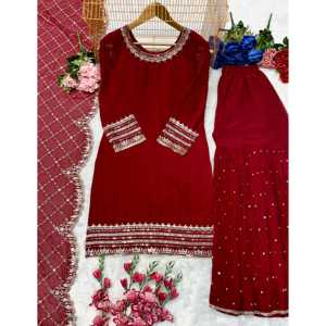 Hermoso conjunto de salwar kameez de poliéster para fiesta, top y sharara con bordado y dupatta. - Product Image 4