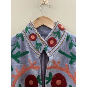 Hand Embroidered Velvet Cotton <b>Jacket</b> Women Mandarin Collar Full Sleeve Autumn Winter Bohemian Eye Pattern Open Front Coat - Product Image 4