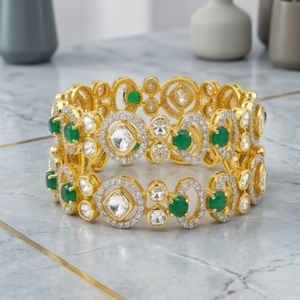 Luxury 925 Silver Monzo Bangles Green Stone Crystal Designer <b>Kada</b> Set for Geometric Design Women's Wedding Jewelry - Product Image 4