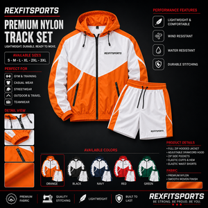 REXFIT SPORTS 2026 Conjunto Deportivo Personalizado al por Mayor para Hombre, Chaqueta Cortavientos de Nailon y Pantalones Cortos, Chándal con Capucha en Bloques de Color para Entrenamiento en el Gimnasio - Product Image 1