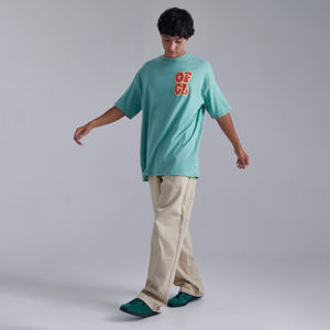 T-shirt à manches courtes pour homme, couleur turquoise, avec impression de lettres rouges et jaunes, vêtement décontracté d'été, coton respirant, design de logo sur le devant - Product Image 1