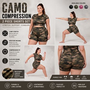 Ensemble de sport 2 pièces camouflage pour femme, grande taille, avec haut court à manches courtes et short de yoga - Product Image 5