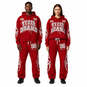 Ensemble de survêtement rouge à capuche pour l'hiver, coupe ample, style streetwear, 100 % coton, avec cordon de serrage, de votre marque - Product Image 4