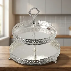 Plateau de service de luxe en argent à 2 niveaux, support à gâteau décoratif, plateau à dessert, présentoir à fruits et en-cas en métal pour la maison, les fêtes et les mariages - Product Image 2