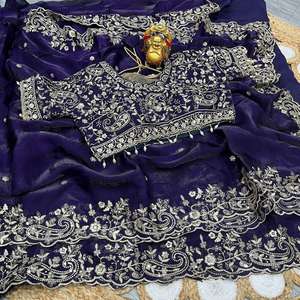 Sari traditionnel indien en satin Fandy de qualité supérieure avec broderie c pallu et travail au fil Zari argenté, bordure découpée - Product Image 5