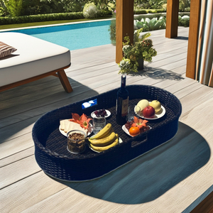Plateau de petit déjeuner flottant moderne fait à la main en métal durable avec accents de bois en acier et rotin Plateaux de service au meilleur prix pour usage domestique - Product Image 2