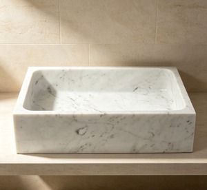 Vasque rectangulaire en marbre blanc poli, style minimaliste, pour salle de bain, installation sans trou - Product Image 1