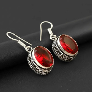 Red <b>Garnet</b> Dangle <b>Earrings</b> | Handmade Boho Western Jewelry. Oval Gemstone Vintage Filigree Drop Jewelry - Product Image 3