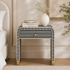 Modern Handmade Durable Bone Inlay Nightstand <b>Bedside</b> Table Black <b>White</b> Striped Side Cabinet for Apartment Farmhouse Bedroom - Product Image 1