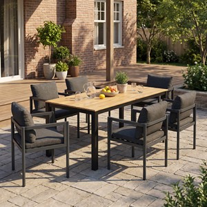 Acacia Wood Aluminum Contemporary Rectangle <b>Grey</b> <b>Dining</b> <b>Set</b> 7-Piece Patio Furniture Wholesale - Product Image 2