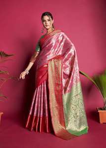 Sari de Seda Kanjivaram de Diseño, Suministro Directo de Fábrica, con Hilo Zari, Borde Jacquard en Contraste, Vestido Largo, Tejido de Seda - Product Image 2