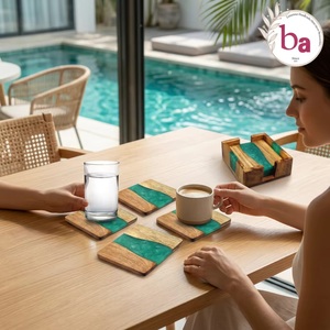 Beads Art Ba Round Wood Resin Coasters Set of 4 Green Classic Handmade - Product Image 4