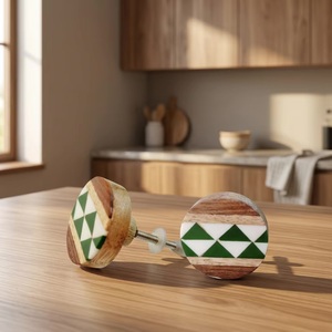 Wooden Cabinet Knob Round Green White Geometric Design <b>Rustic</b> Style Kitchen Drawer Handle Easy Installation - Product Image 4