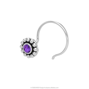 Piercing de nez en argent sterling 925 avec améthyste ronde sertie, style indien, pour femmes et jeunes filles - Product Image 2