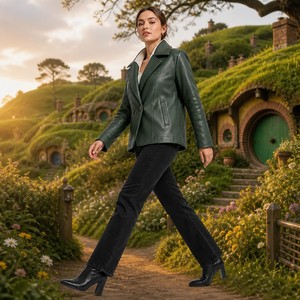 Chaqueta de Motocicleta de Cuero Sintético Verde para Mujer, Manga Larga, Cuello Alto, Cierre de Botón, Prenda de Invierno, Tejido Ecológico - Product Image 4